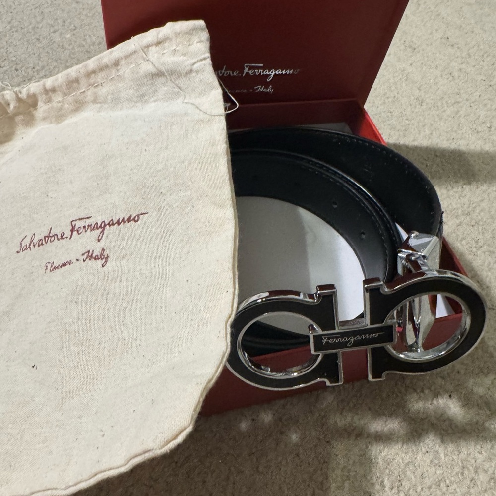 Salvatore Ferragamo Black and Silver Designer Belt